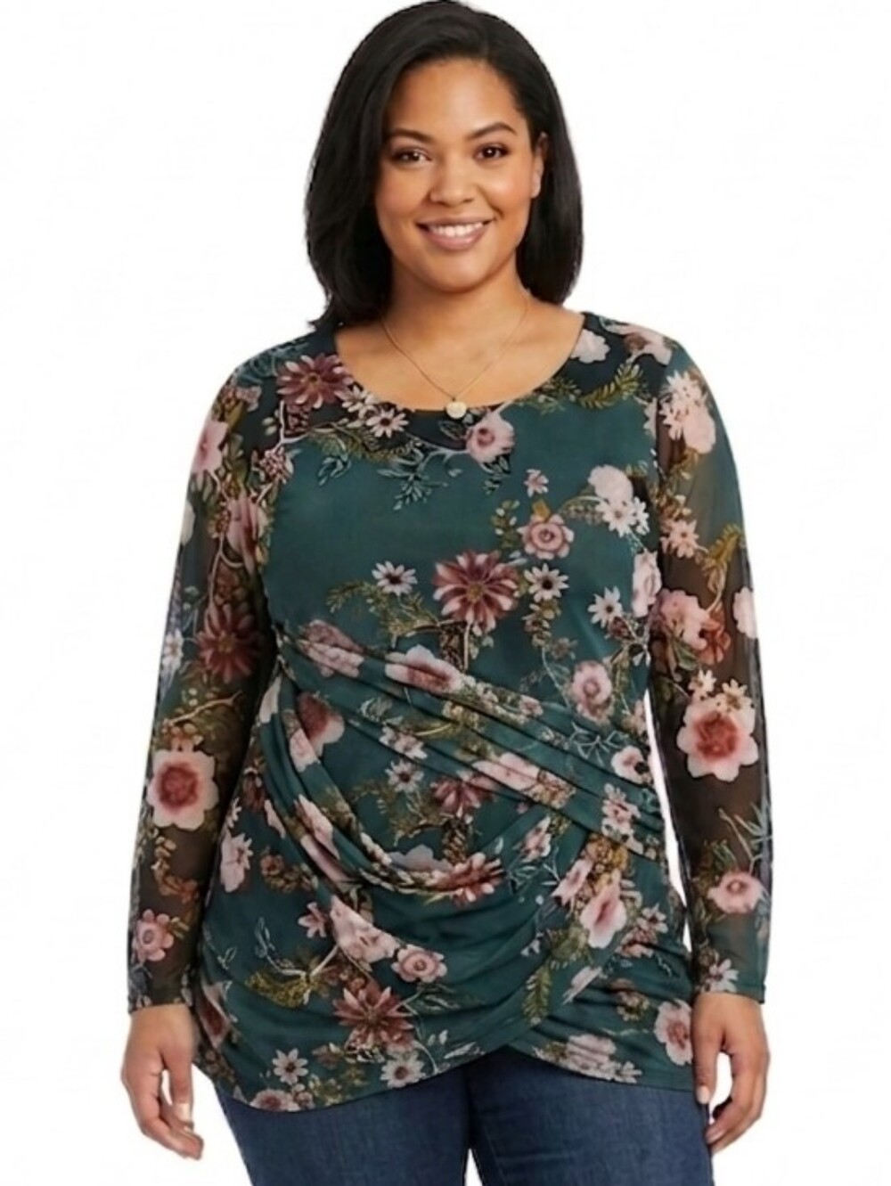 1X Floral Mesh Overlay Long-Sleeve Top Plus Size INC International